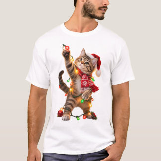 T-shirt Chat poursuivant les lumières de Noël