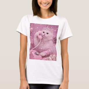T-shirt Chat Princesse Glamour Utilisant un Téléphone Rose