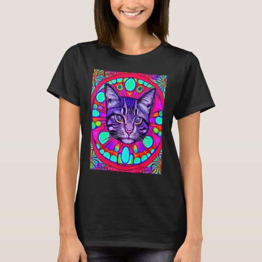 T-shirt Chat Psychedelique Minou Chat Chaton Dans Le Style (Devant)