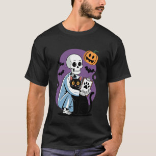 T-shirt Chat qui étreint un squelette, chat drôle, amateur