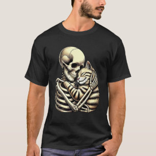 T-shirt Chat qui étreint un squelette Chat Halloween Maman
