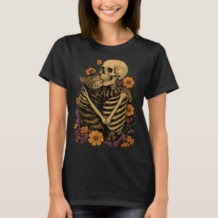 T-shirt Chat qui étreint un squelette Fleurs Halloween Ama