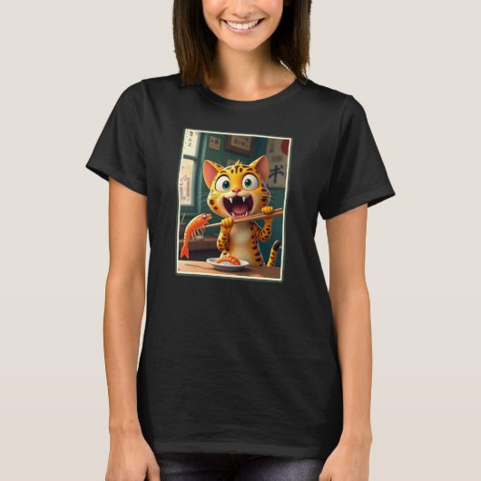 T-shirt Chat qui mange des sushis (Devant)