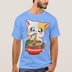 T-shirt Chat qui mange du Ramen Kawaii Anime Baka Japonais
