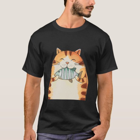 T-shirt Chat qui sourit en serrant un poisson, drôle (Devant)