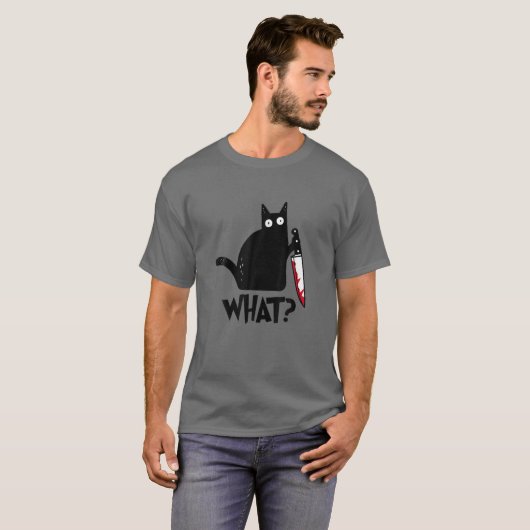 T-shirt Chat Quoi ? Chat noir meurtrier avec couteau Hallo (Devant entier)
