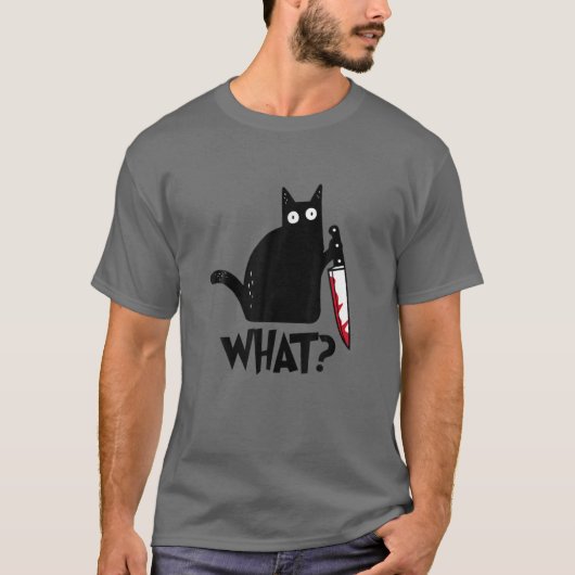 T-shirt Chat Quoi ? Chat noir meurtrier avec couteau Hallo (Devant)