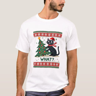 T-shirt Chat quoi drôle chat noir poussant arbre de Noël O