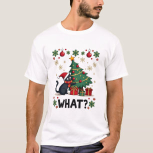T-shirt Chat quoi drôle Chat noir poussant l'arbre de Noël