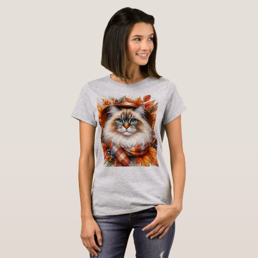 T-shirt Chat Ragdoll À L'Automne Avec Feuilles Automnes (Devant entier)