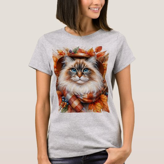 T-shirt Chat Ragdoll À L'Automne Avec Feuilles Automnes (Devant)