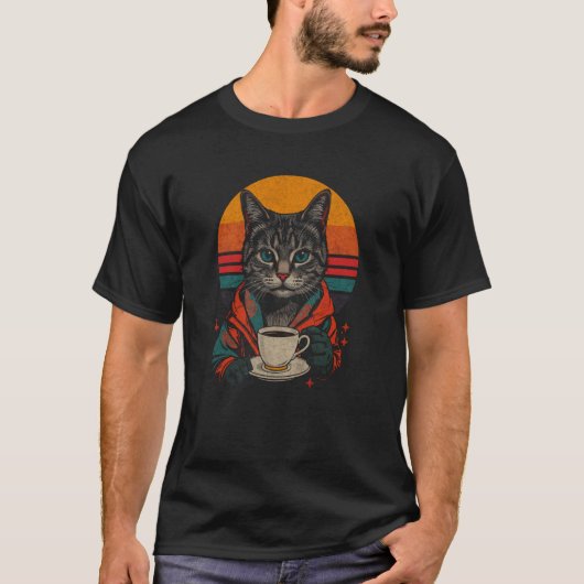 T-shirt Chat Rétro Buvant du Café Synthwave Vaporwave Café (Devant)