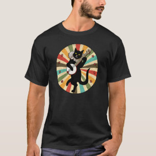 T-shirt Chat Rétro Vintage Noir Jouant du Banjo Star Musiq