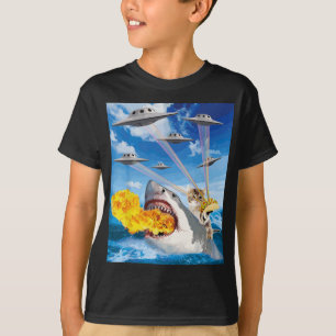T-shirt Chat Riding Fire Respiration Requin Rainbow Laser 