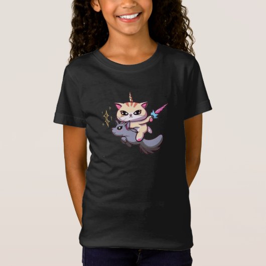 T-Shirt Chat Riding Unicorn Avec Porte Magique (Devant)