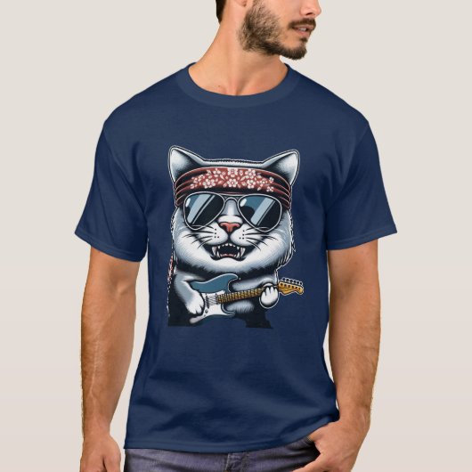 T-shirt 🎸 "Chat Rocher et Rouleau avec Guitare" Tee 🐱 (Devant)