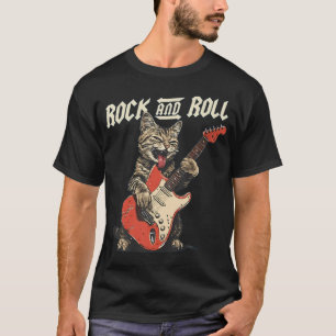 T-shirt Chat Rock And Roll Jouant De La Guitare Humour Mus