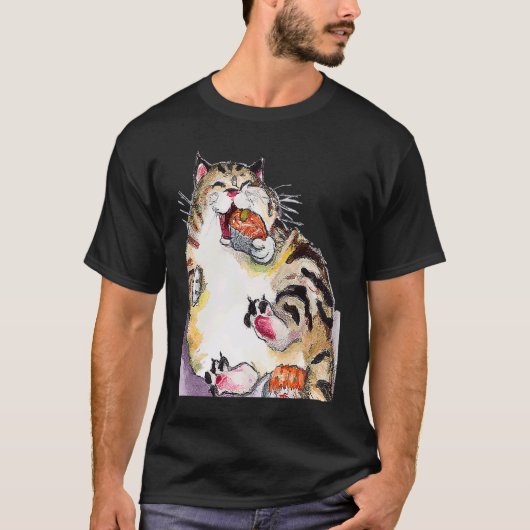 T-shirt Chat Rond Mangeant du Sushi (Devant)