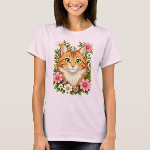 T-shirt Chat roux fantaisiste et fleurs sauvages
