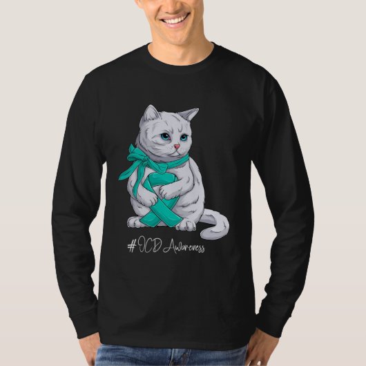 T-shirt Chat Ruban Sarcelle Mois de Sensibilisation au TOC (Devant)