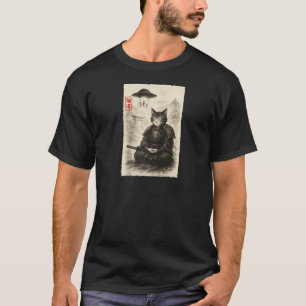 T-shirt Chat Samouraï Alien UFO Drôle Invasion Meme Sumi e