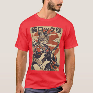 T-shirt Chat Samouraï Japonais Jouant de la Guitare Électr