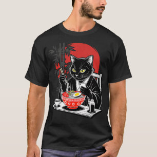 T-shirt Chat Samouraï Mange Ramen Scroll Téléphone Nourrit