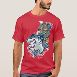 T-shirt Chat Samurai Riding Sur Le Requin Attraction Japon