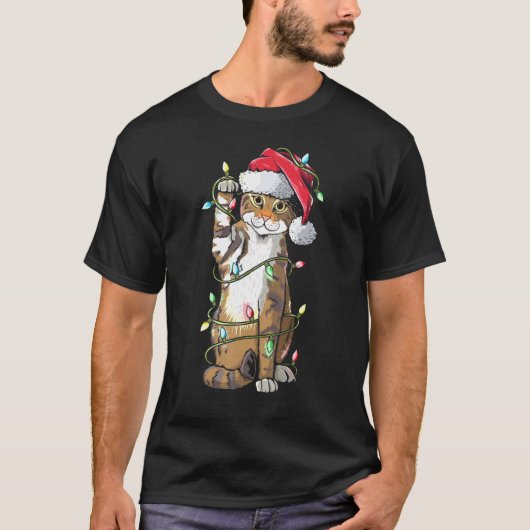 T-shirt Chat Santa Claus Casquette lumières de Noël Drôle  (Devant)