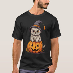 T-shirt Chat Scottish Fold Halloween Sorcière Chapeau Citr