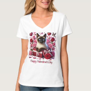 T-shirt Chat siamois de la Saint-Valentin Cœurs et Roses