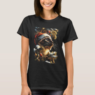 T-shirt Chat siamois de Noël avec chapeau de Père Noël Hiv