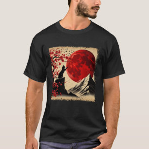 T-shirt Chat Silhouette Cerisier Fleurs Rouge Lune Japonai