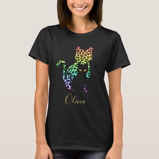 T-shirt Chat silhouette impression léopard arc-en-ciel et (Devant)