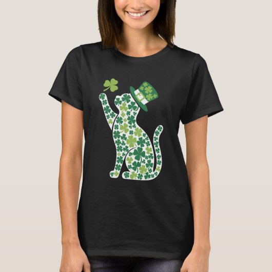 T-shirt Chat silhouette trèfle Saint-Patrick chaton (Devant)