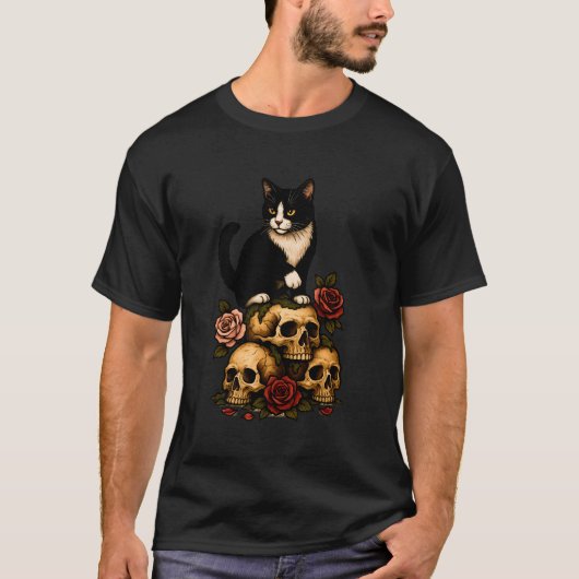 T-shirt Chat Smoking de la Crypte – Roses et Crânes (Devant)