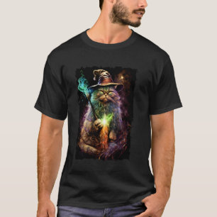 T-shirt Chat Sorcier Portant un Chapeau Peinture Portrait