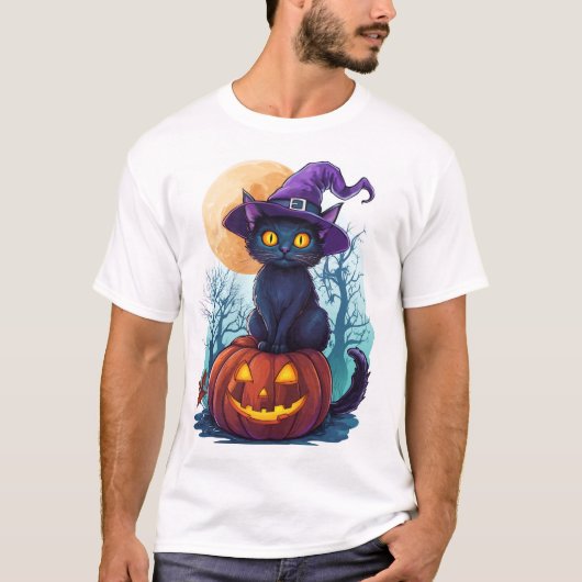 T-shirt Chat sorcier sur une citrouille (Devant)