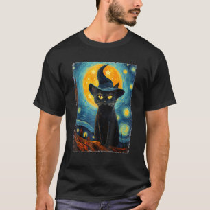 T-shirt Chat Sorcière Nuit Étoilée Van Gogh Rétro Hallowee