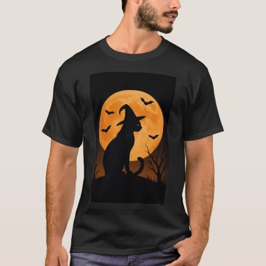 T-shirt Chat Sorcière Silhouette Avec Pleine lune Et Bats (Devant)