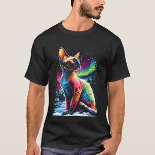 T-shirt Chat Sphynx Coloré Aurore Boréale Forêt Hivernale