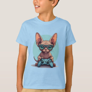 T-shirt Chat Sphynx tenant une manette de jeu