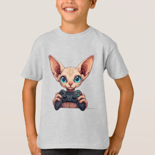 T-shirt Chat Sphynx tenant une manette de jeu
