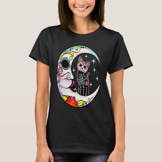 T-shirt Chat Sugar Skull Moon Dia de Los Muertos Jour de (Devant)
