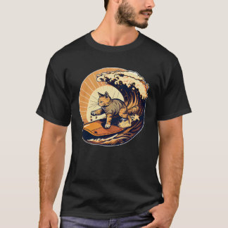 T-shirt Chat Surfeur Rétro Vintage Coucher de Soleil Plage