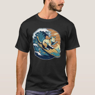 T-shirt Chat Surfeur Rétro Vintage Coucher de Soleil Plage