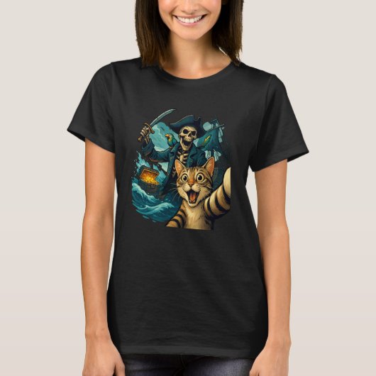 T-shirt Chat surpris et effrayé selfie avec squelette pira (Devant)