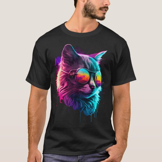 T-shirt Chat Synthwave Chat Vaporwave avec Lunettes de Sol (Devant)
