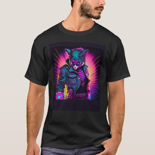 T-shirt Chat Synthwave Rétro Ambiance 80s (Devant)