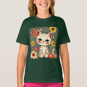 T-shirt Chat tacheté heureux avec des fleurs
